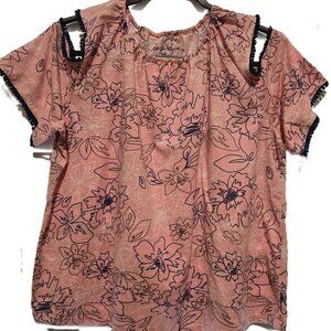 Rebecca Malone XL Cotton Blouse Pink w/ Blue flowers Cut-out Shoulder Airy style